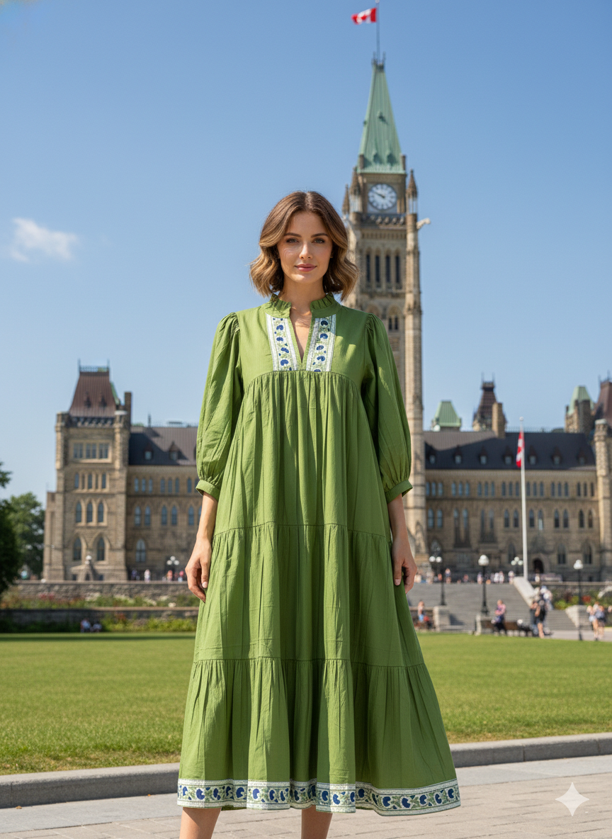 Olive Green Cotton Maxi Dress – Puff Sleeve Tiered Boho Long Dress with Floral Block Print Border