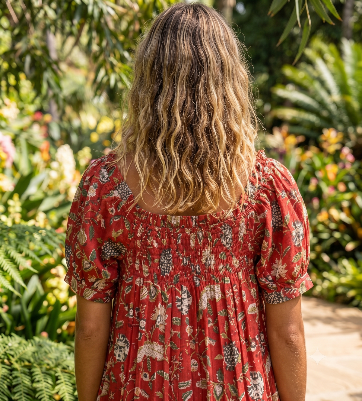 Rust Red Floral Cotton Pajama Set for Women, Smocked Square Neck Puff Sleeve Top with Matching Shorts