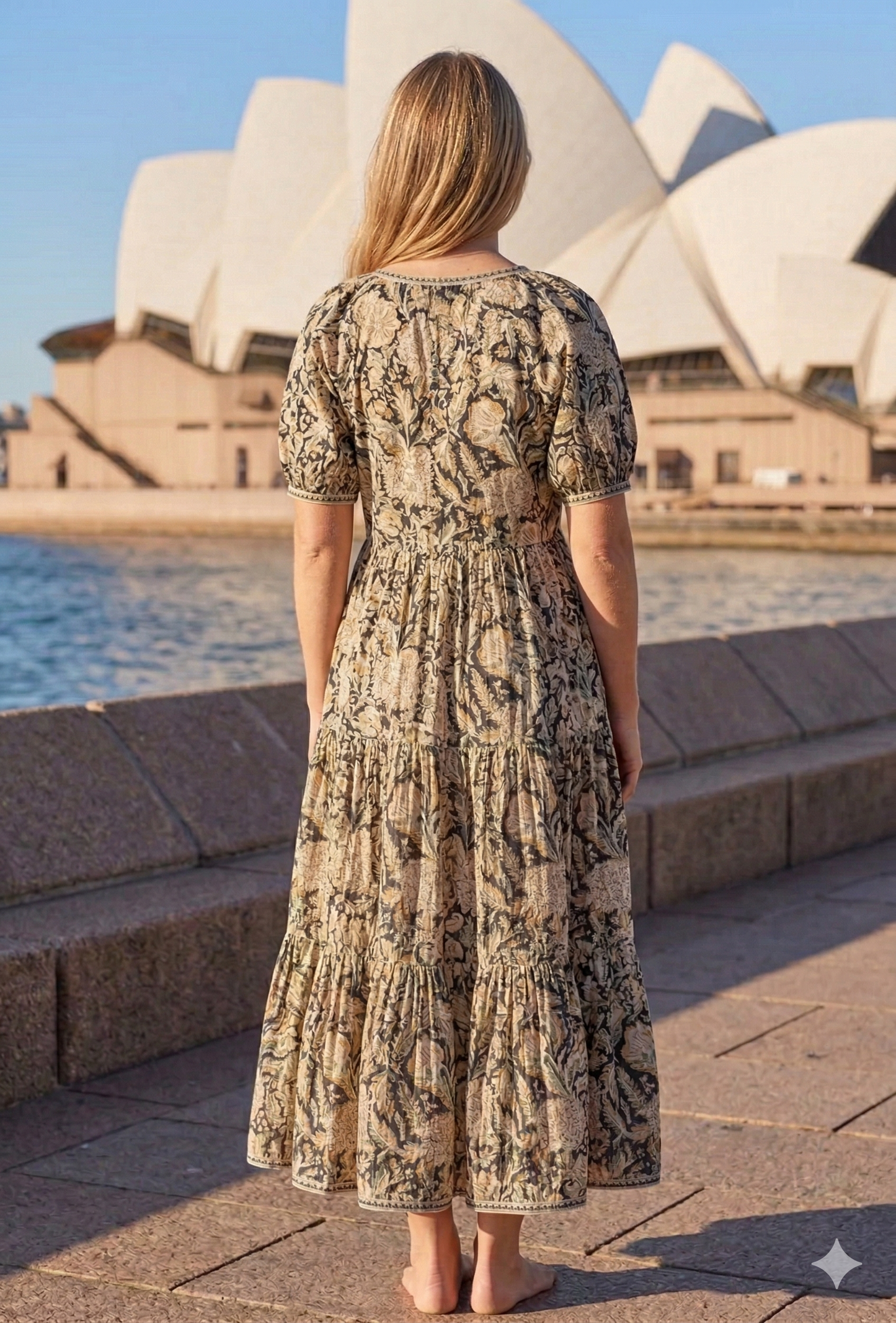 Dark Brown Floral Hand Block Print Cotton Maxi Dress – Boho Tiered Indian Style
