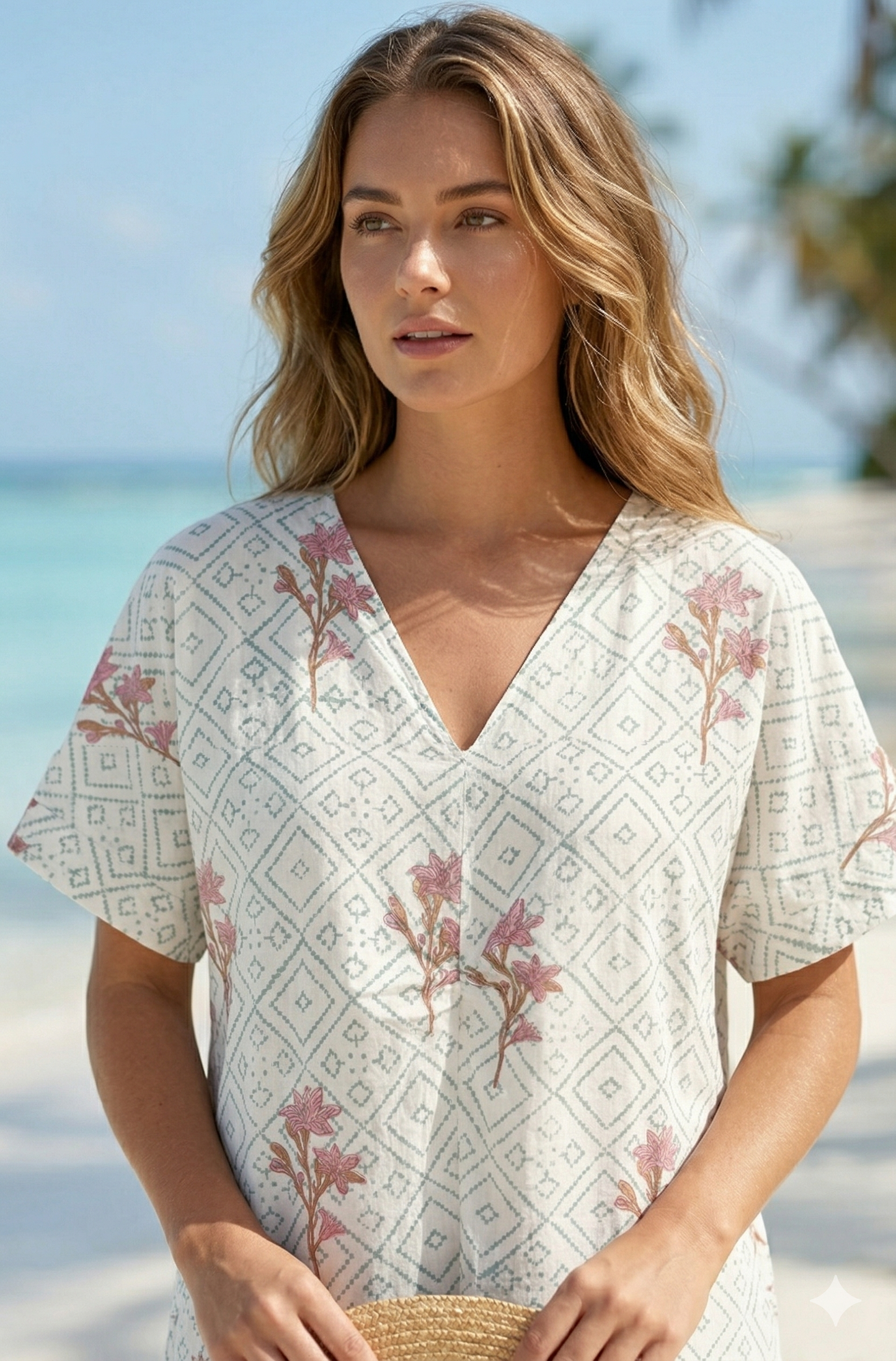 Ivory Floral Geometric Hand Block Print Cotton Beach Mini Kaftan Dress– Boho Resort Tunic with V Neck & Relaxed Fit