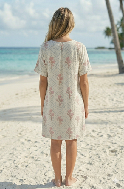 Ivory Floral Geometric Hand Block Print Cotton Beach Mini Kaftan Dress– Boho Resort Tunic with V Neck & Relaxed Fit