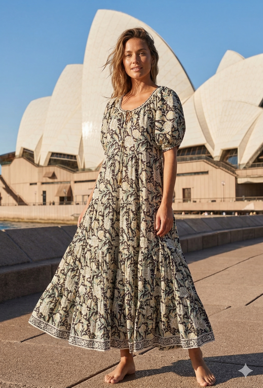 Dark Brown Floral Hand Block Print Cotton Maxi Dress – Boho Tiered Indian Style