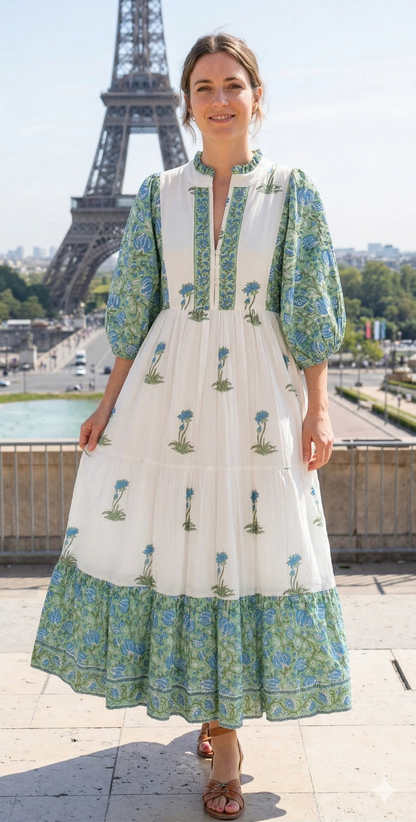 Green Floral Block Print Cotton Maxi Dress – Boho Tiered Maxi Dress