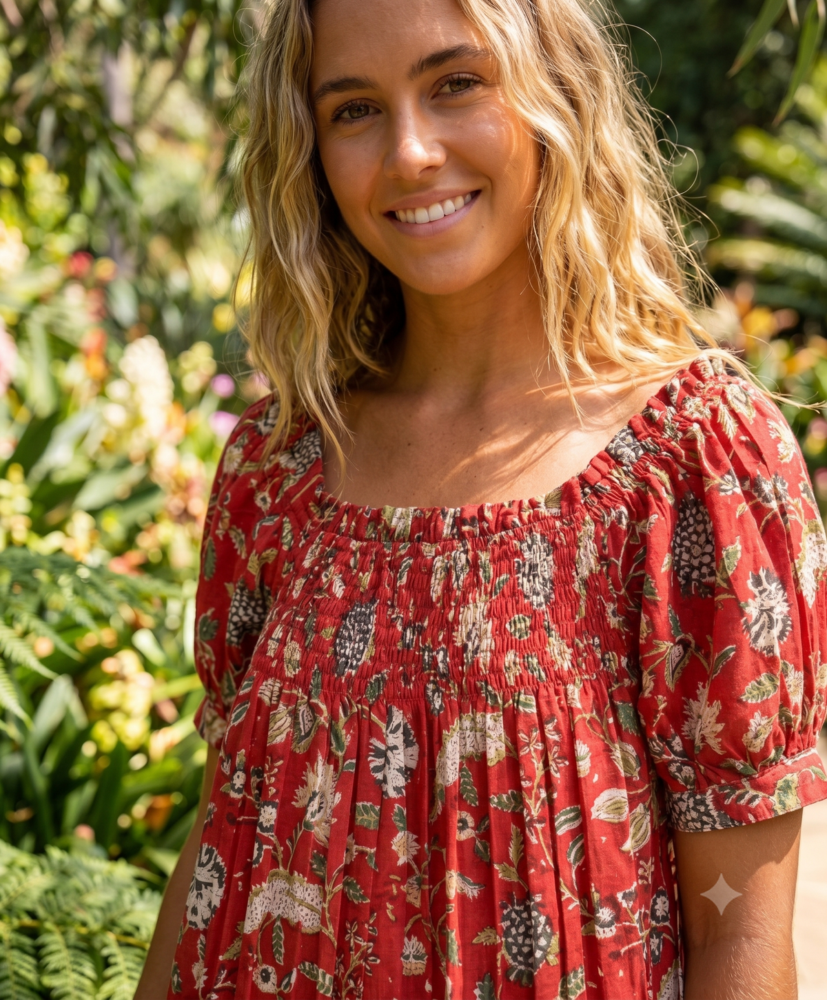 Rust Red Floral Cotton Pajama Set for Women, Smocked Square Neck Puff Sleeve Top with Matching Shorts