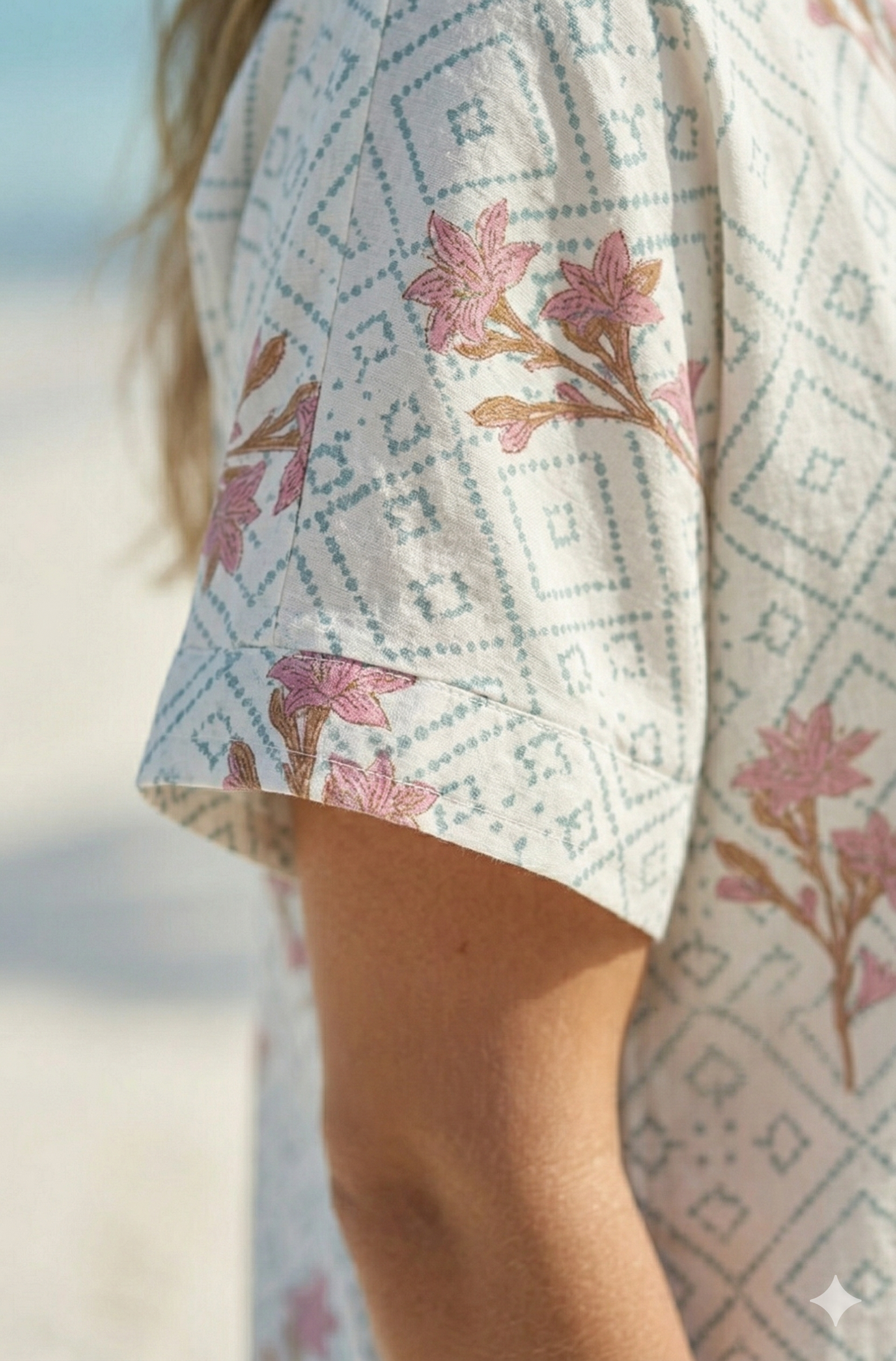 Ivory Floral Geometric Hand Block Print Cotton Beach Mini Kaftan Dress– Boho Resort Tunic with V Neck & Relaxed Fit