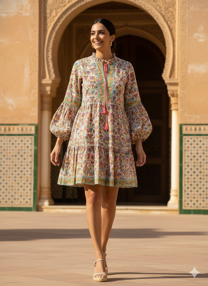 Multicolor Floral Hand Block Printed Cotton Mini Dress – Boho Puff Sleeve Indian Dress