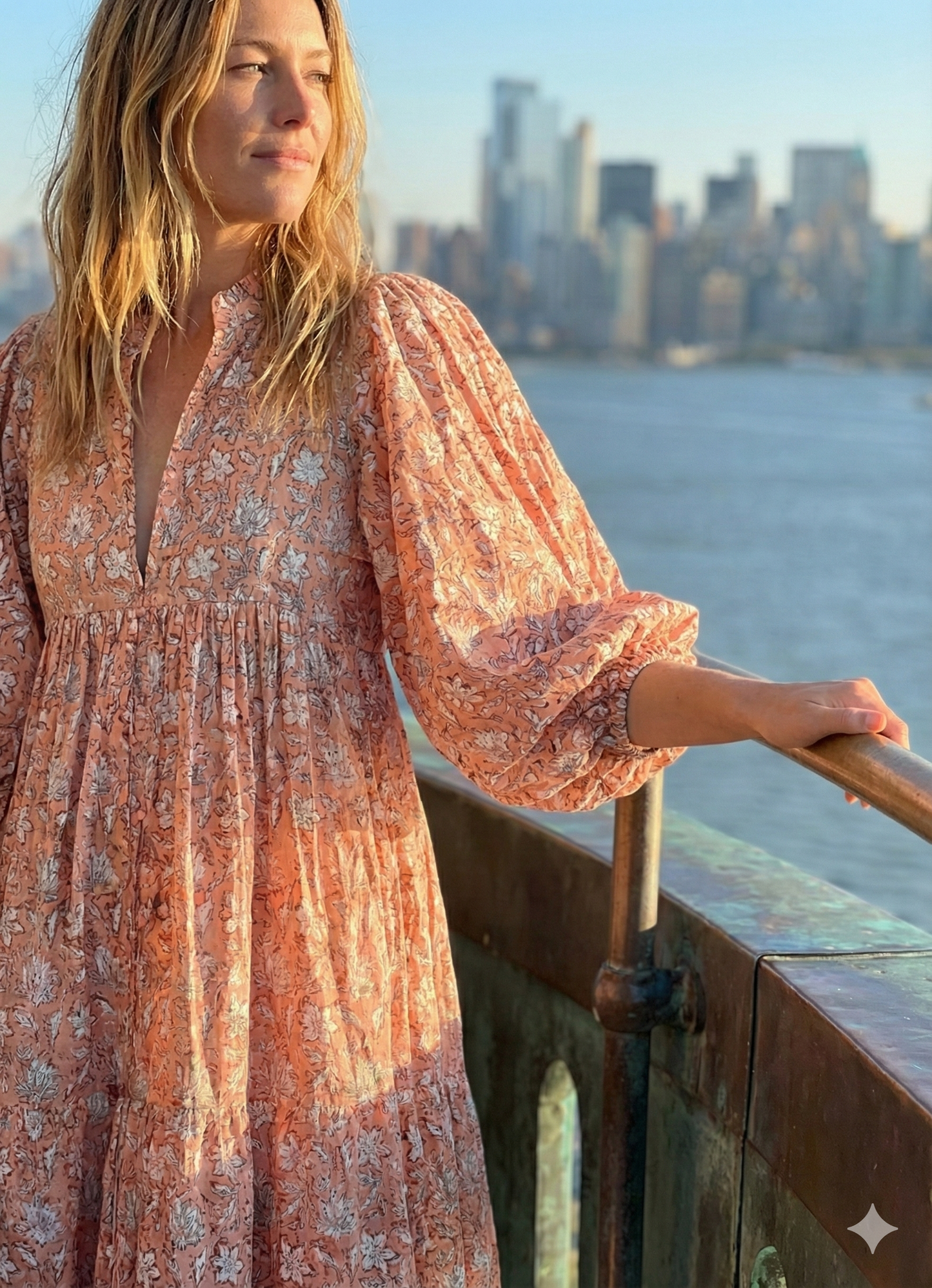 Peach Hand Block Printed Cotton Midi Dress – White Floral Boho Puff Sleeve Dress