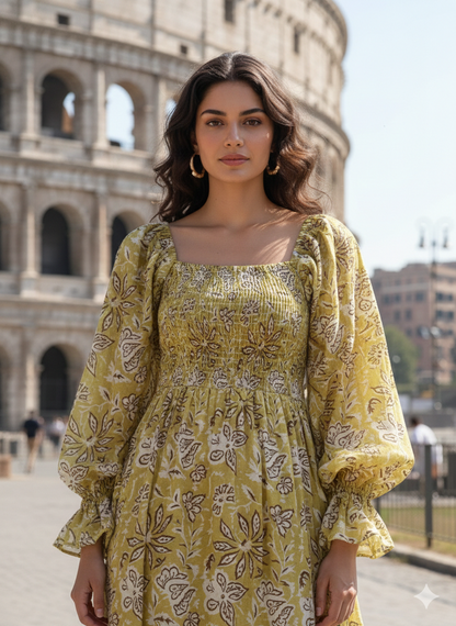 Mustard Yellow Floral Maxi Midi Dress – Long Sleeve Block Print Bohemian Dress