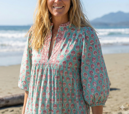 Aqua Green Block Print Cotton Maxi Dress – Relaxed Boho Dress