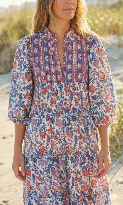 Purple Blue Floral Block Print Cotton Midi Dress – Boho Handmade Tiered Dress with Puff Sleeves & Contrast Border Yoke
