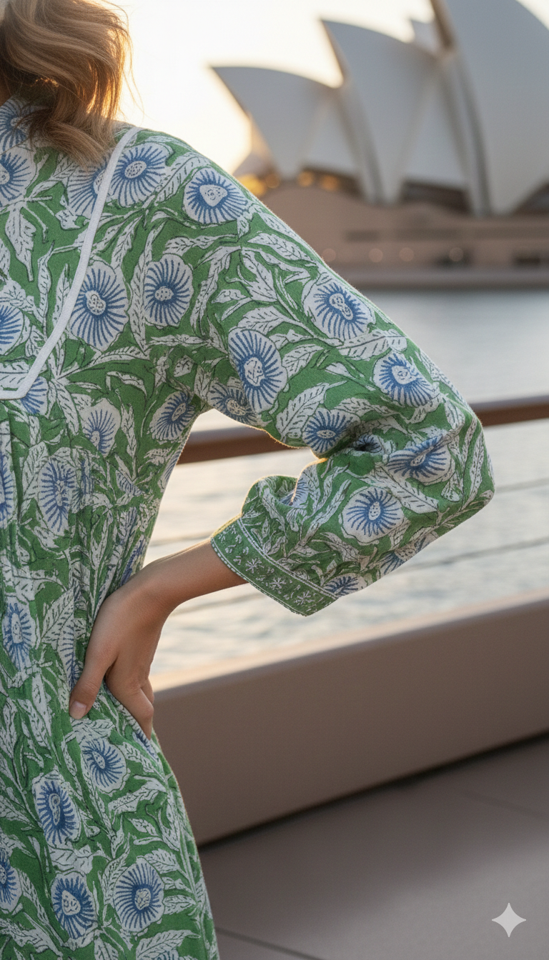 Green Floral Hand Block Printed Cotton Maxi Dress – Boho Tassel Tunic Dress