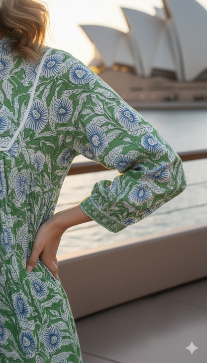 Green Floral Hand Block Printed Cotton Maxi Dress – Boho Tassel Tunic Dress