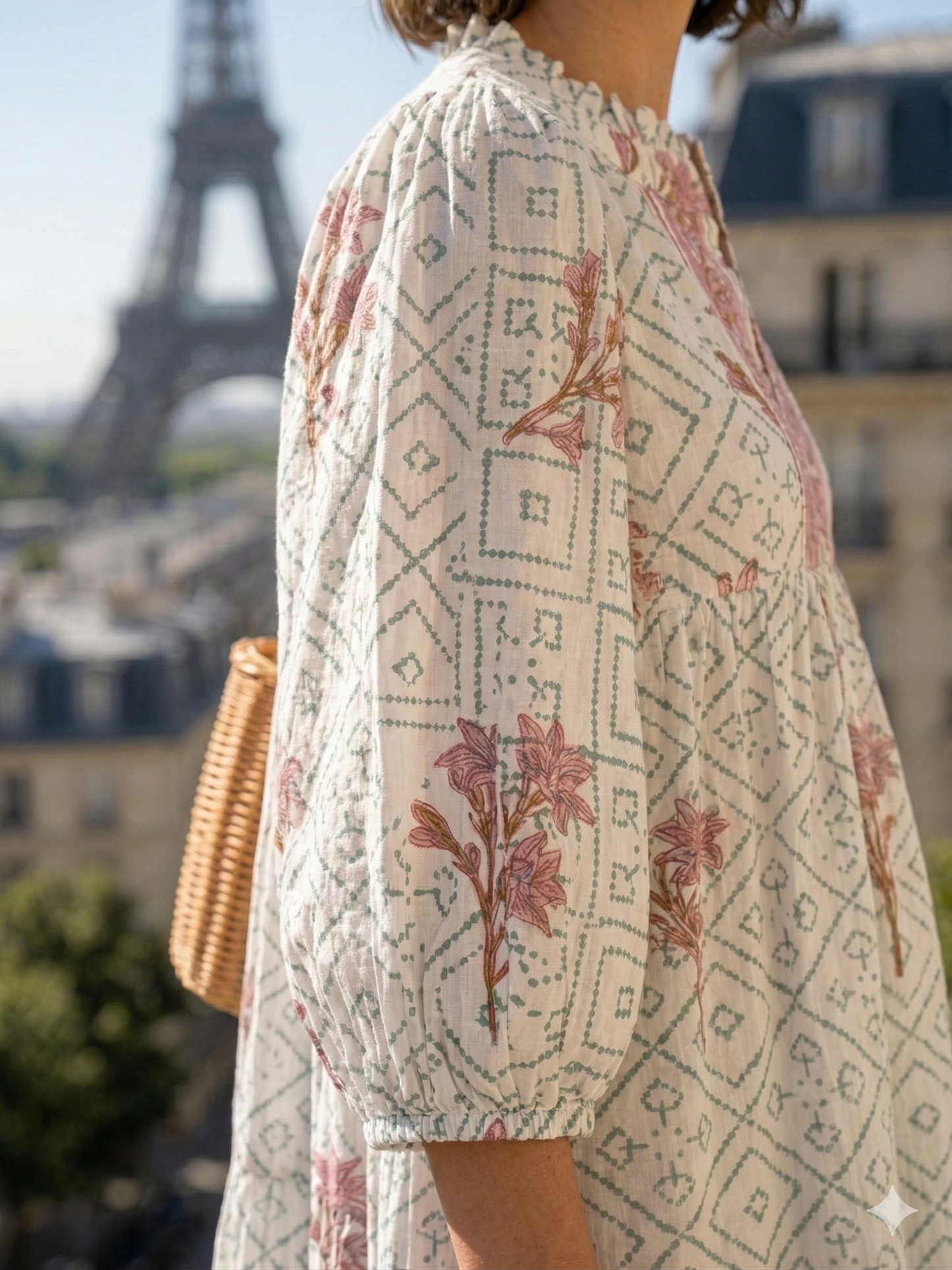 Sage Floral Hand Block Printed Cotton Tiered Maxi Dress – Boho Puff Sleeve Dress