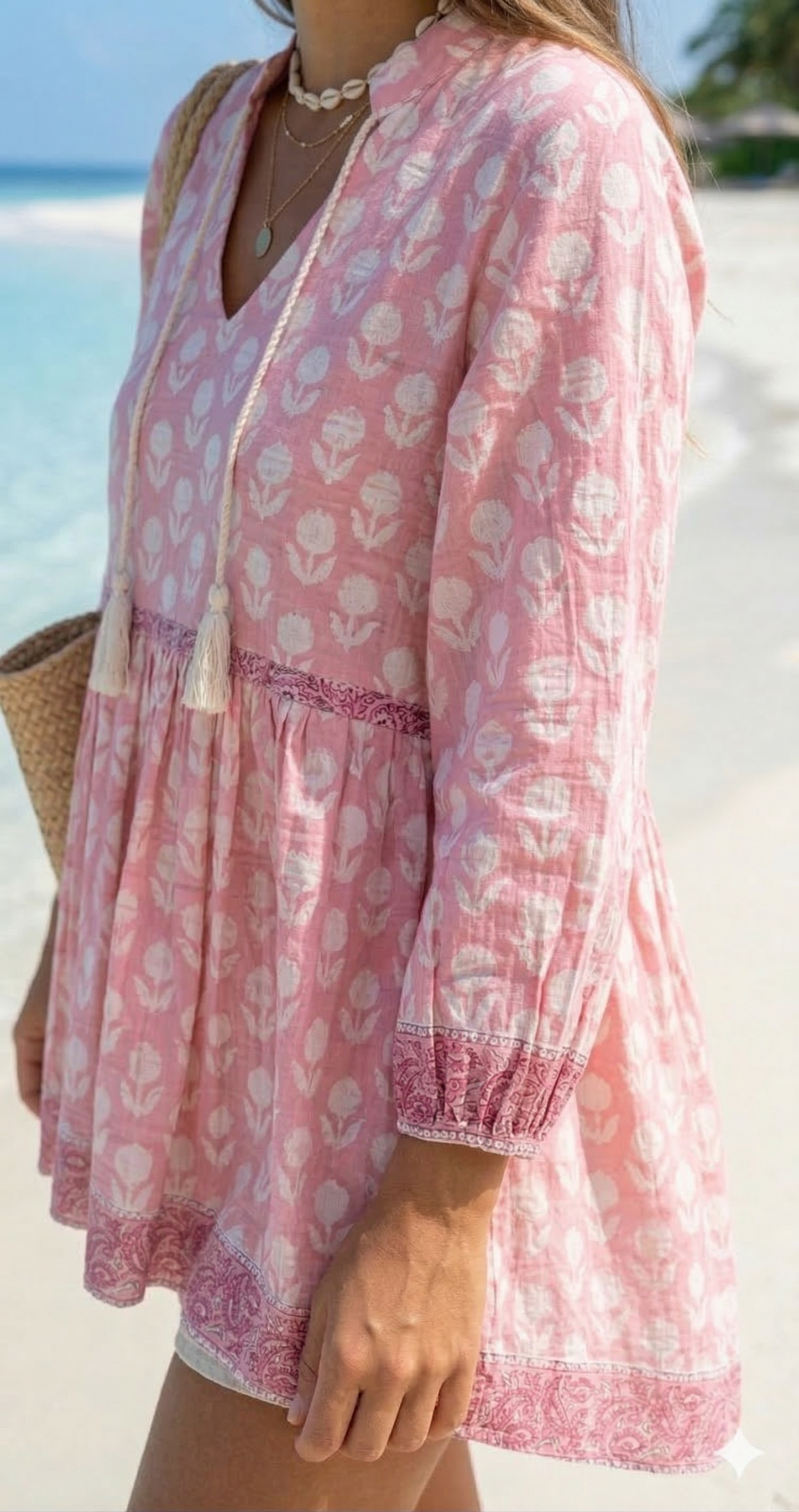 Pink Hand Block Print Cotton Tunic Top – Boho Long Sleeve Blouse