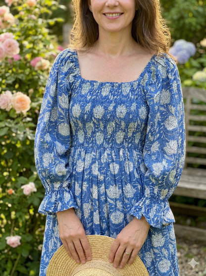 Blue Floral Hand Block Printed Cotton Dress – Smocked Bodice Boho Midi Dress with Puff Sleeves