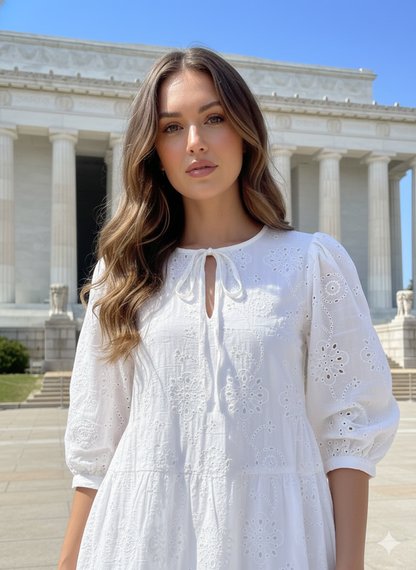 White Cotton Eyelet Mini Dress – Boho Tiered Long Sleeve Summer Dress