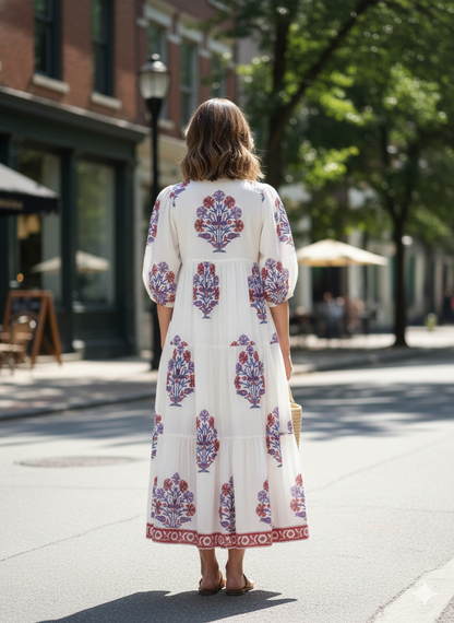 Ivory Red Blue Floral Block Print Cotton Midi Dress – Boho Handmade Tiered Dress with Puff Sleeves & Contrast Yoke