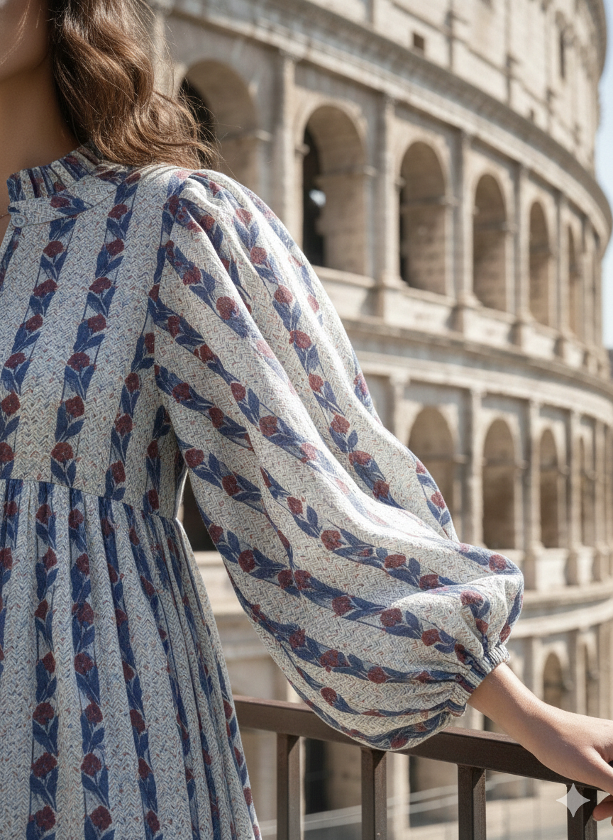Blue Red Striped Hand Block Printed Cotton Midi Dress – Puff Sleeve Boho Indian Dress