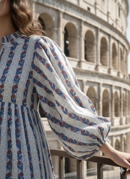 Blue Red Striped Hand Block Printed Cotton Midi Dress – Puff Sleeve Boho Indian Dress