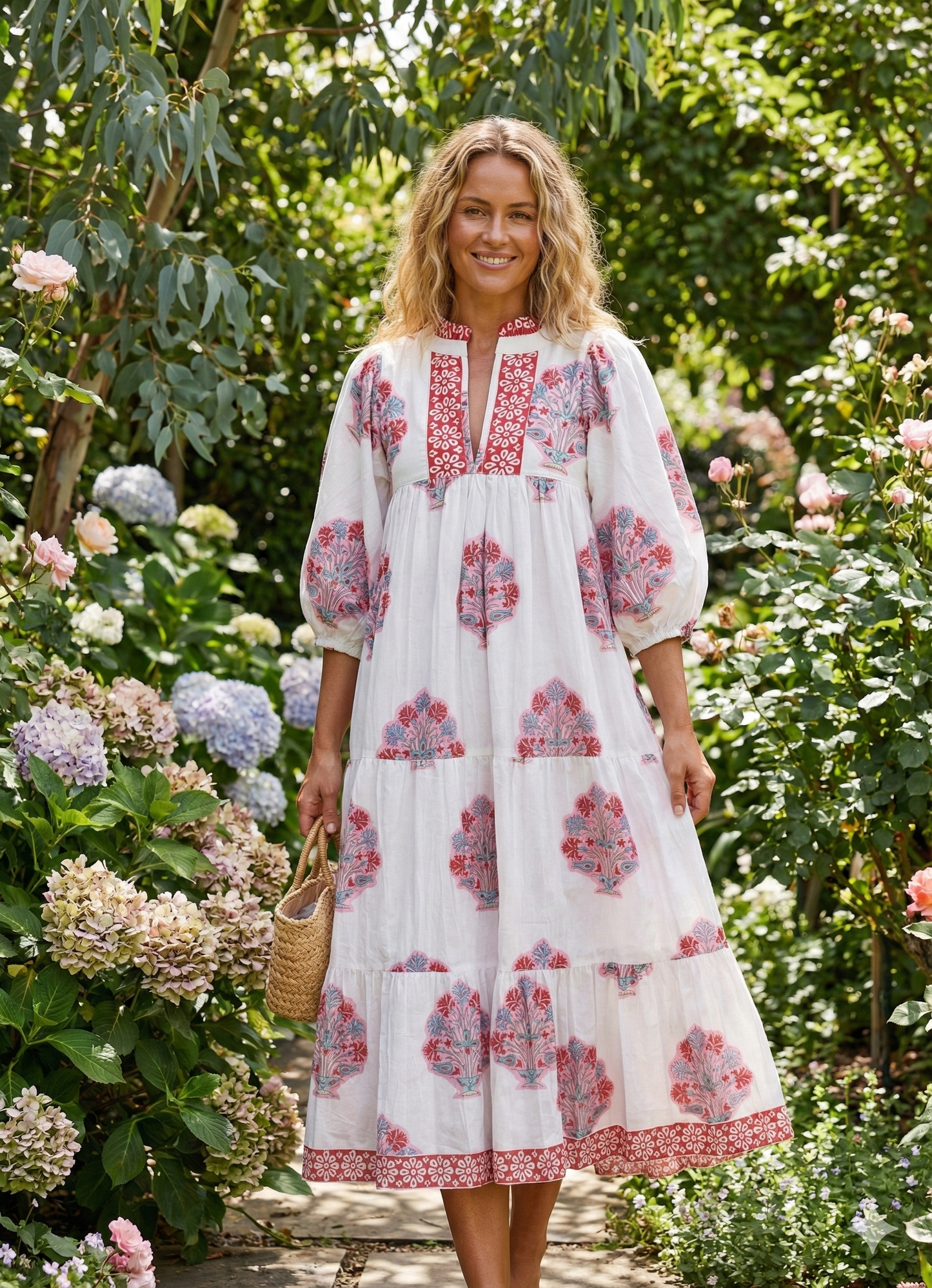 Red Floral Hand Block Printed Cotton Dress – Puff Sleeve Boho Tiered Maxi Dress