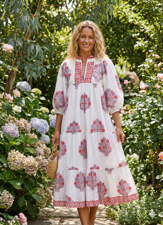 Red Floral Hand Block Printed Cotton Dress – Puff Sleeve Boho Tiered Maxi Dress