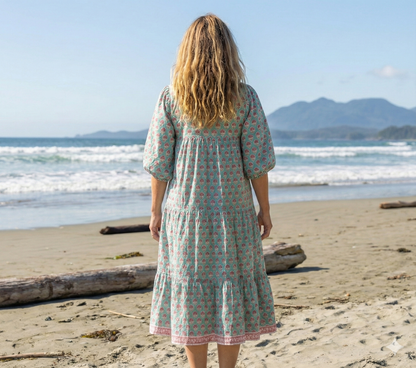 Aqua Green Block Print Cotton Maxi Dress – Relaxed Boho Dress