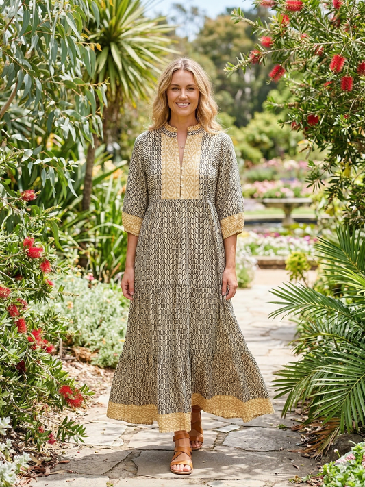 Beige & Black Geometric Hand Block Print Cotton Maxi Dress – Boho Tiered Dress with Contrast Yoke