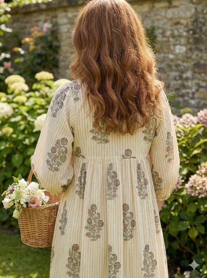 Striped Floral Hand Block Printed Cotton Mini Dress – Puff Sleeve Boho Dress