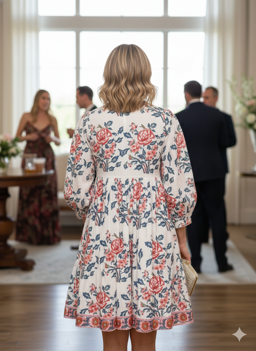 White Floral Hand Block Print Cotton Midi Dress – Pink Blue Boho Dress