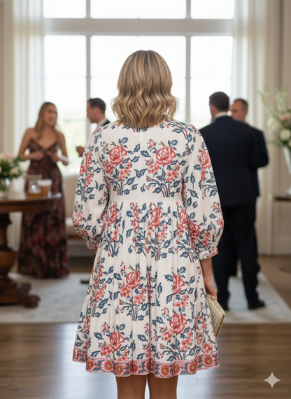 White Floral Hand Block Print Cotton Midi Dress – Pink Blue Boho Dress