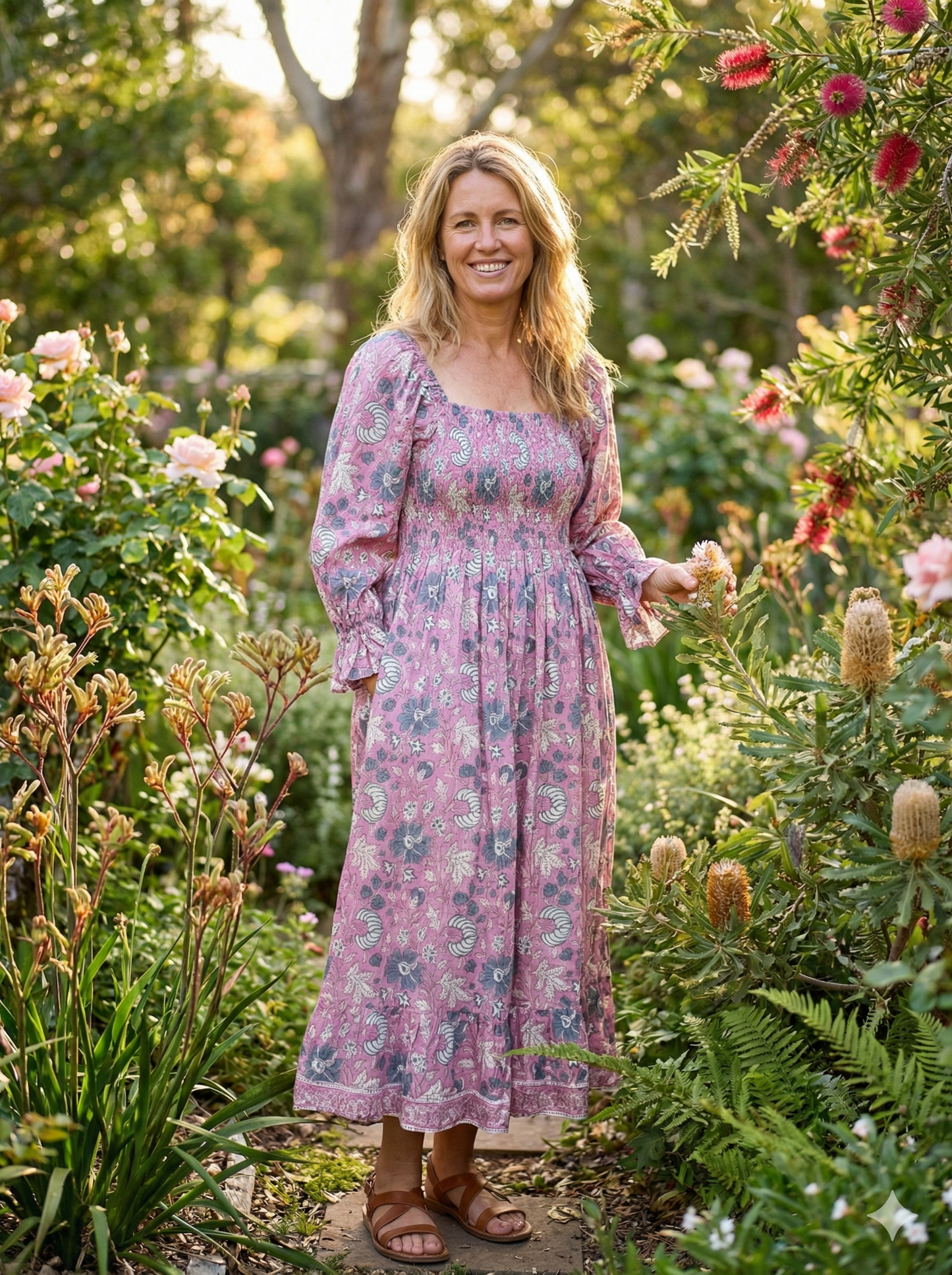 Dusty Rose Floral Hand Block Printed Cotton Dress – Smocked Bodice Boho Midi Dress with Puff Sleeves