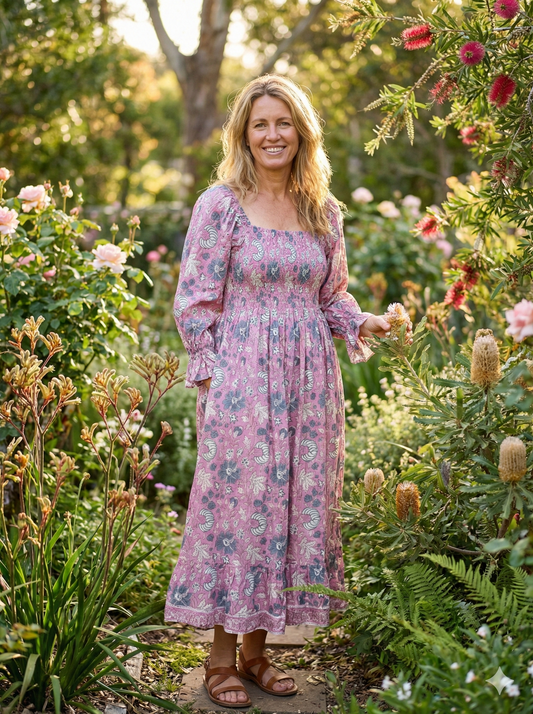 Dusty Rose Floral Hand Block Printed Cotton Dress – Smocked Bodice Boho Midi Dress with Puff Sleeves