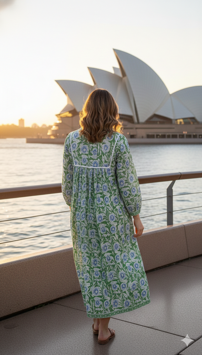 Green Floral Hand Block Printed Cotton Maxi Dress – Boho Tassel Tunic Dress