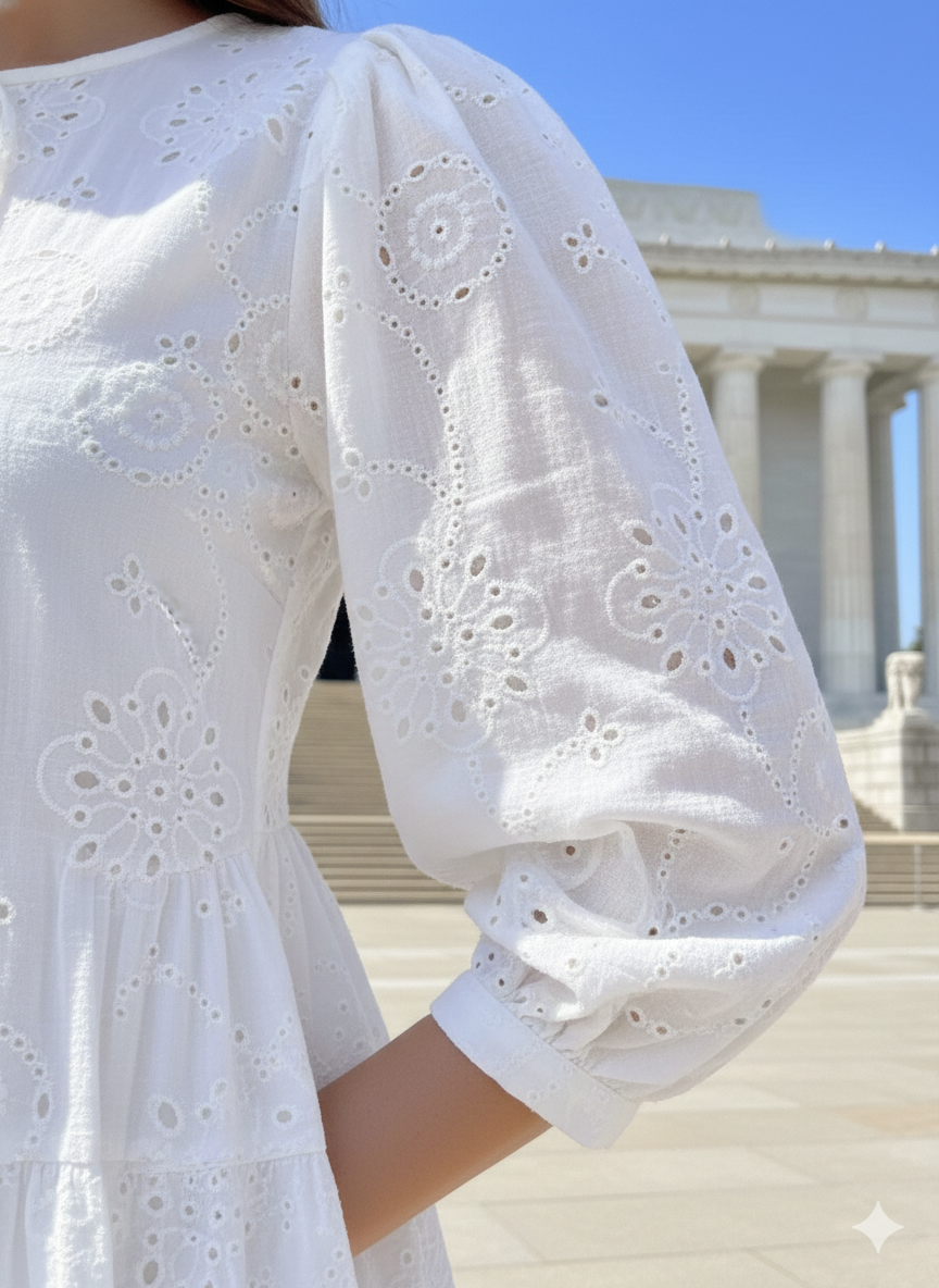 White Cotton Eyelet Mini Dress – Boho Tiered Long Sleeve Summer Dress