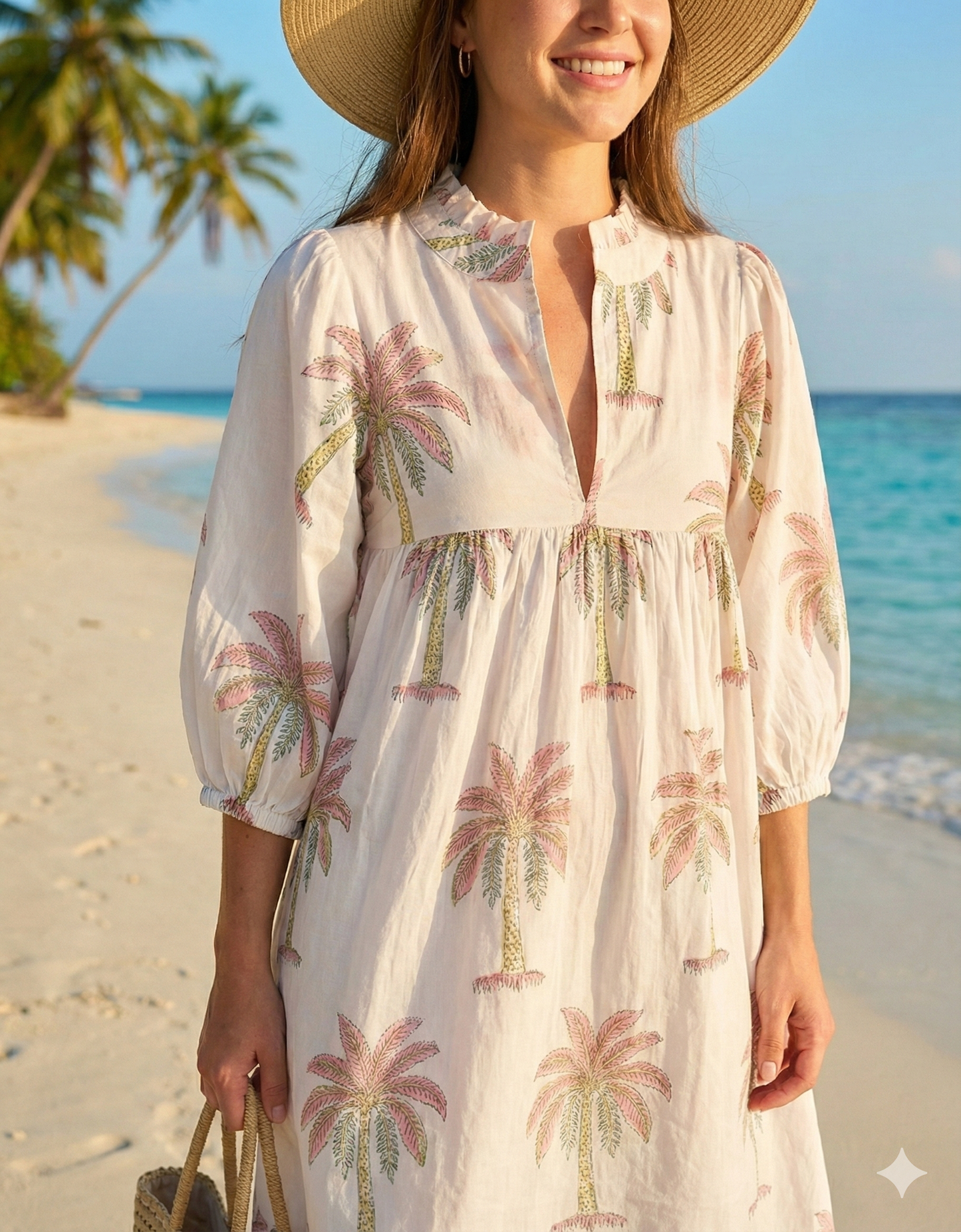 Ivory Palm Tree Hand Printed Cotton Mini Dress – Puff Sleeve Boho Summer Dress