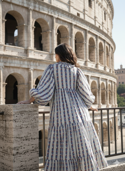 Blue Red Striped Hand Block Printed Cotton Midi Dress – Puff Sleeve Boho Indian Dress