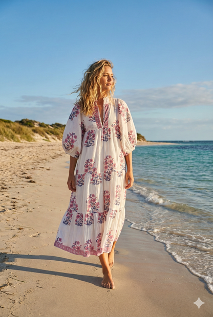 White Pink Floral Block Print Cotton Dress – Handcrafted Boho Maxi Dress by the Yard