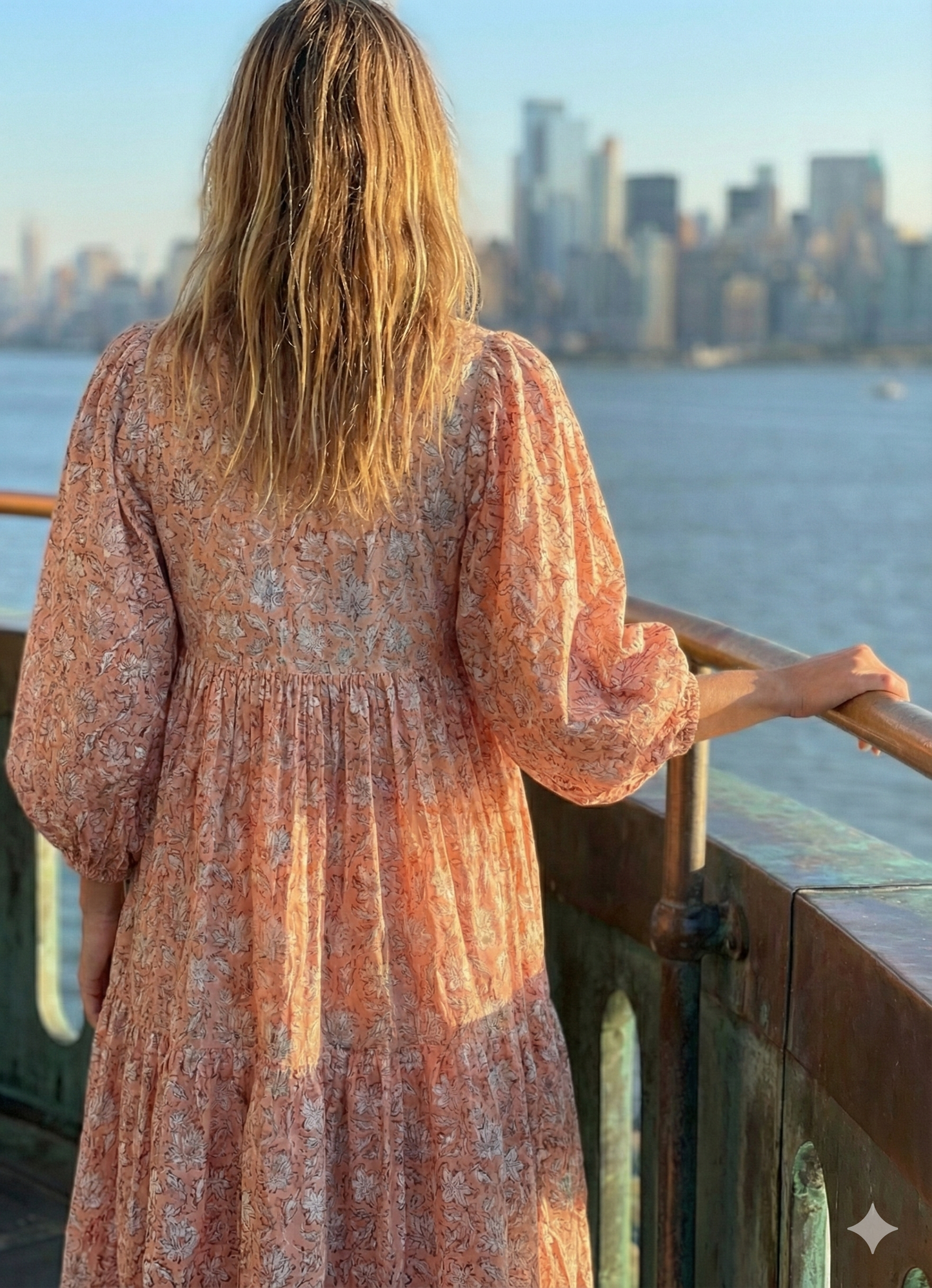 Peach Hand Block Printed Cotton Midi Dress – White Floral Boho Puff Sleeve Dress