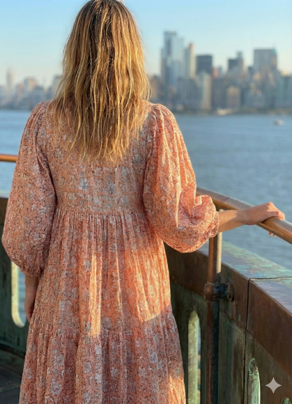 Peach Hand Block Printed Cotton Midi Dress – White Floral Boho Puff Sleeve Dress