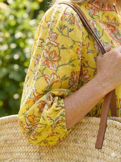 Yellow Floral Hand Block Printed Cotton Maxi Dress – Indian Boho Tiered Long Dress