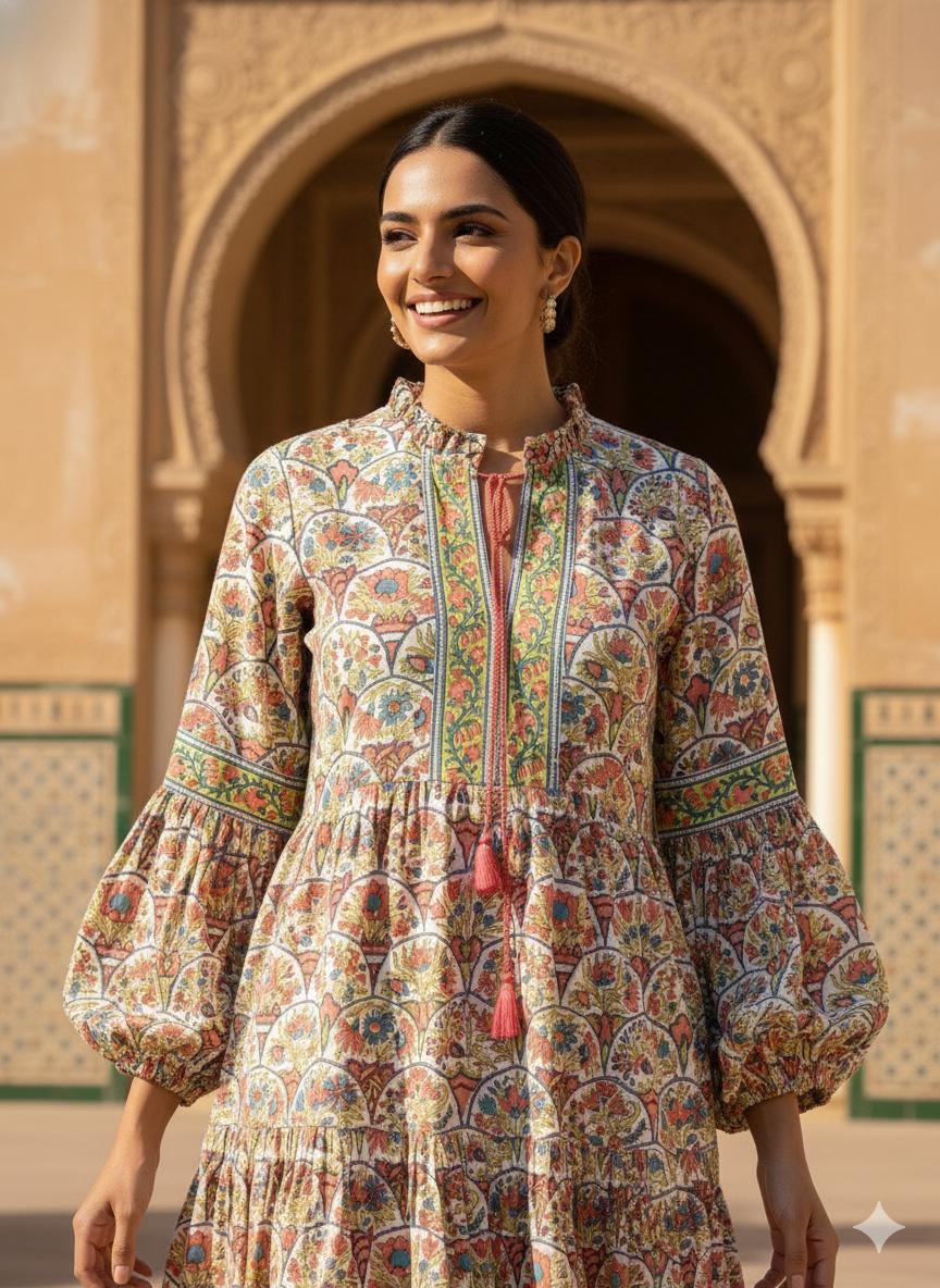 Multicolor Floral Hand Block Printed Cotton Mini Dress – Boho Puff Sleeve Indian Dress