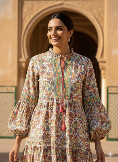 Multicolor Floral Hand Block Printed Cotton Mini Dress – Boho Puff Sleeve Indian Dress