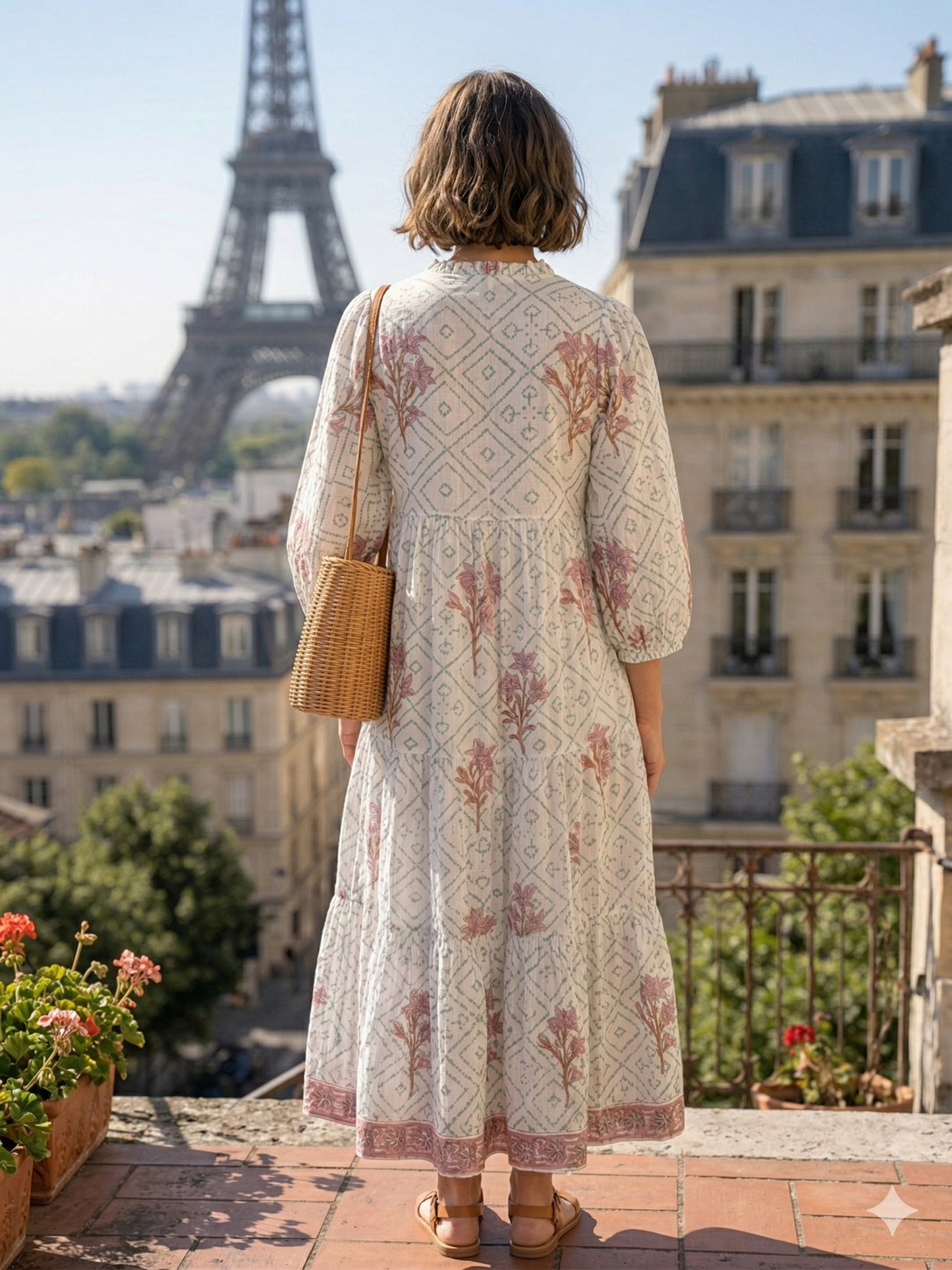 Sage Floral Hand Block Printed Cotton Tiered Maxi Dress – Boho Puff Sleeve Dress