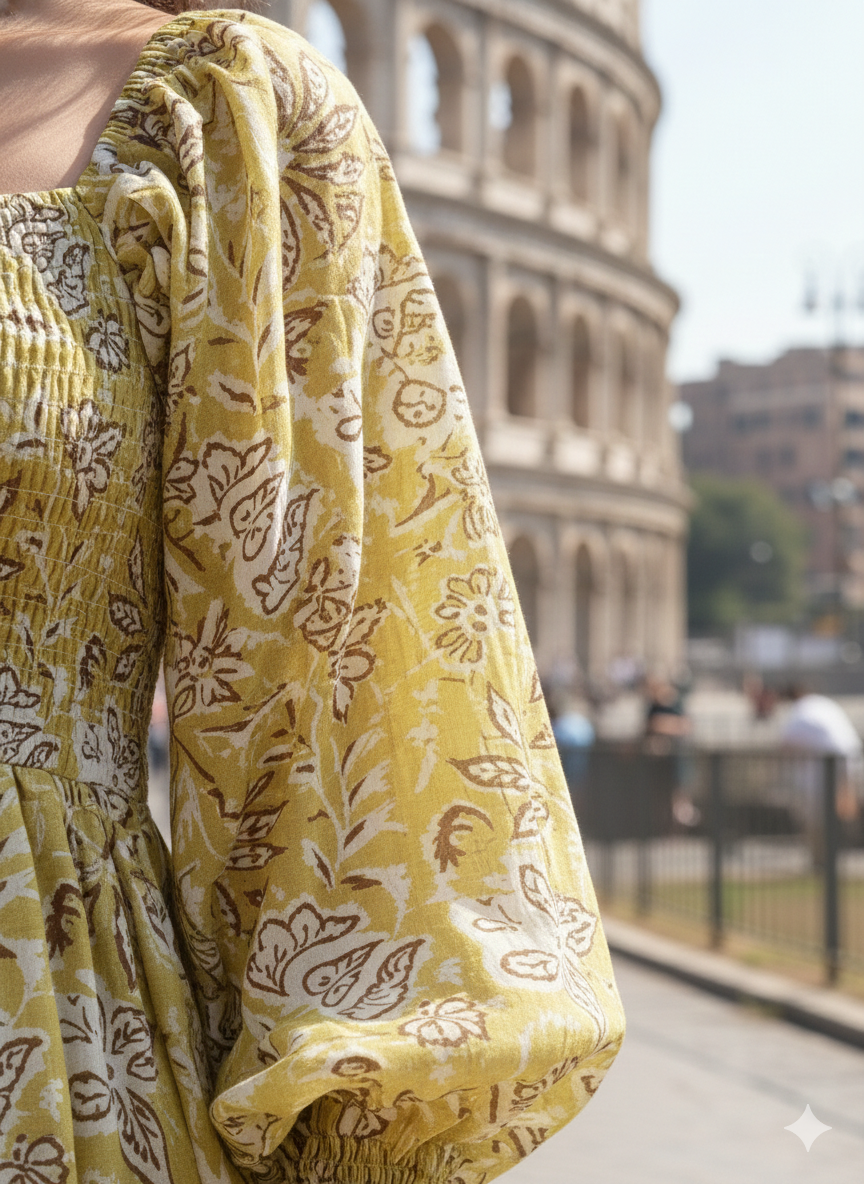 Mustard Yellow Floral Maxi Midi Dress – Long Sleeve Block Print Bohemian Dress