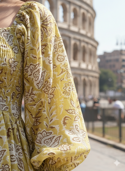 Mustard Yellow Floral Maxi Midi Dress – Long Sleeve Block Print Bohemian Dress