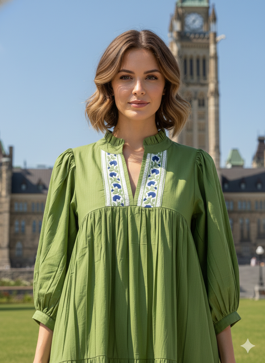 Olive Green Cotton Maxi Dress – Puff Sleeve Tiered Boho Long Dress with Floral Block Print Border