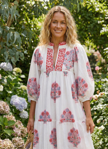 Red Floral Hand Block Printed Cotton Dress – Puff Sleeve Boho Tiered Maxi Dress
