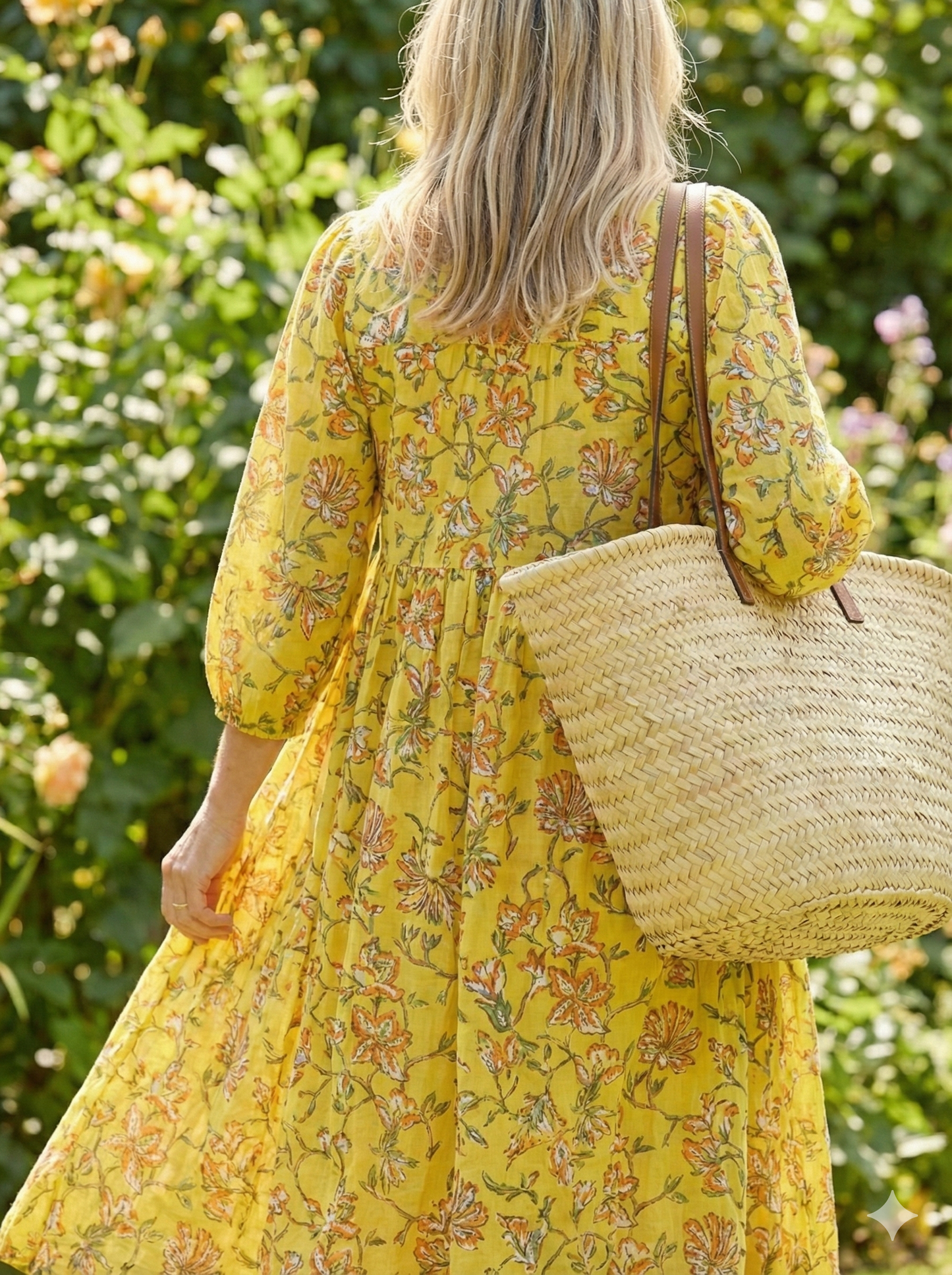 Yellow Floral Hand Block Printed Cotton Maxi Dress – Indian Boho Tiered Long Dress