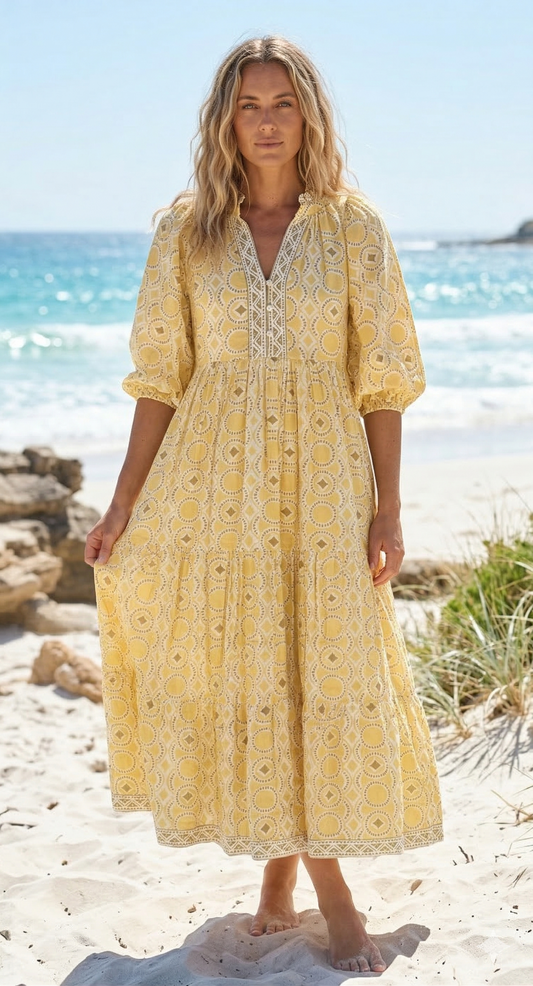 Mustard Yellow Geometric Hand Block Print Cotton Maxi Dress