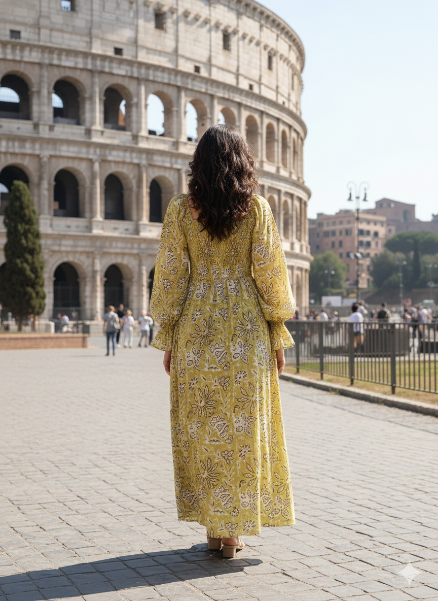 Mustard Yellow Floral Maxi Midi Dress – Long Sleeve Block Print Bohemian Dress